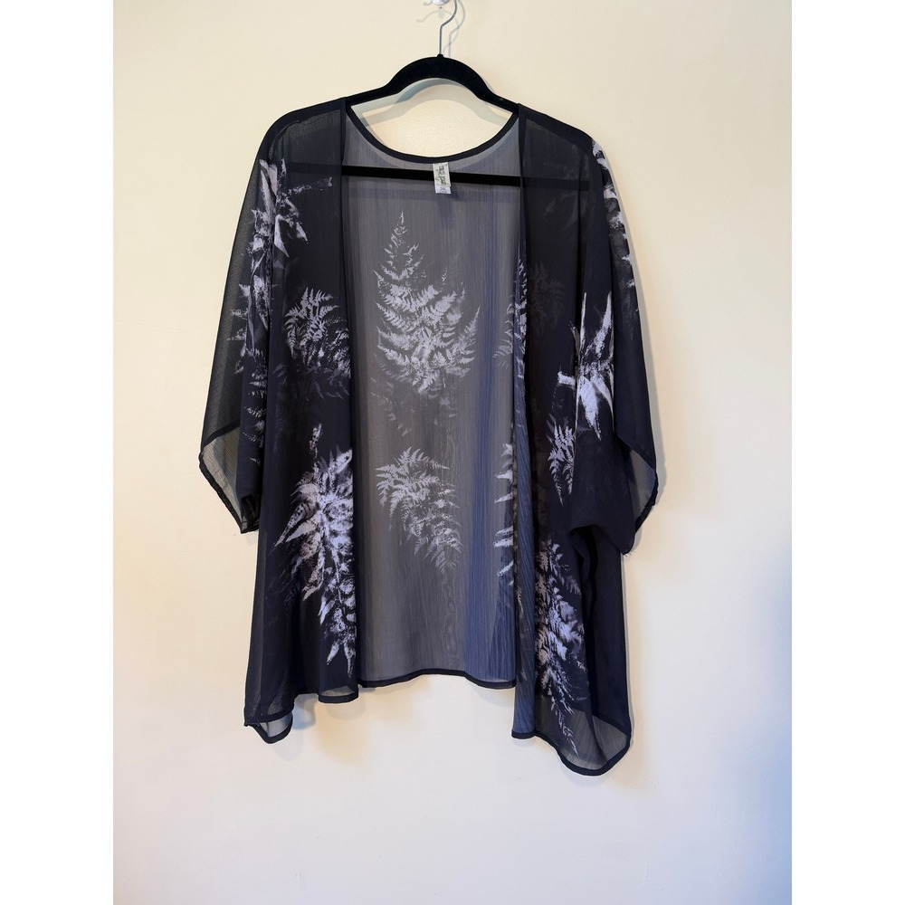 Endless Designs Sheer Black Fern Botanical Print Kimono Cardigan Size Large